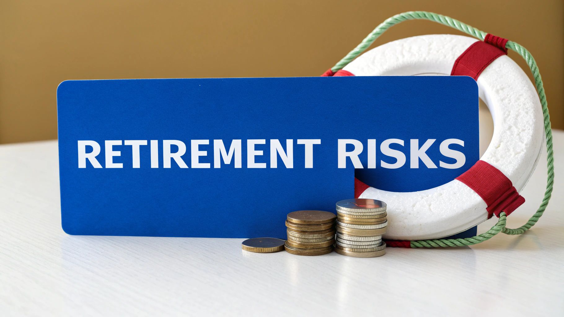 A blue sign reading 'RETIREMENT RISKS' with coins and a lifebuoy, symbolizing financial safety.