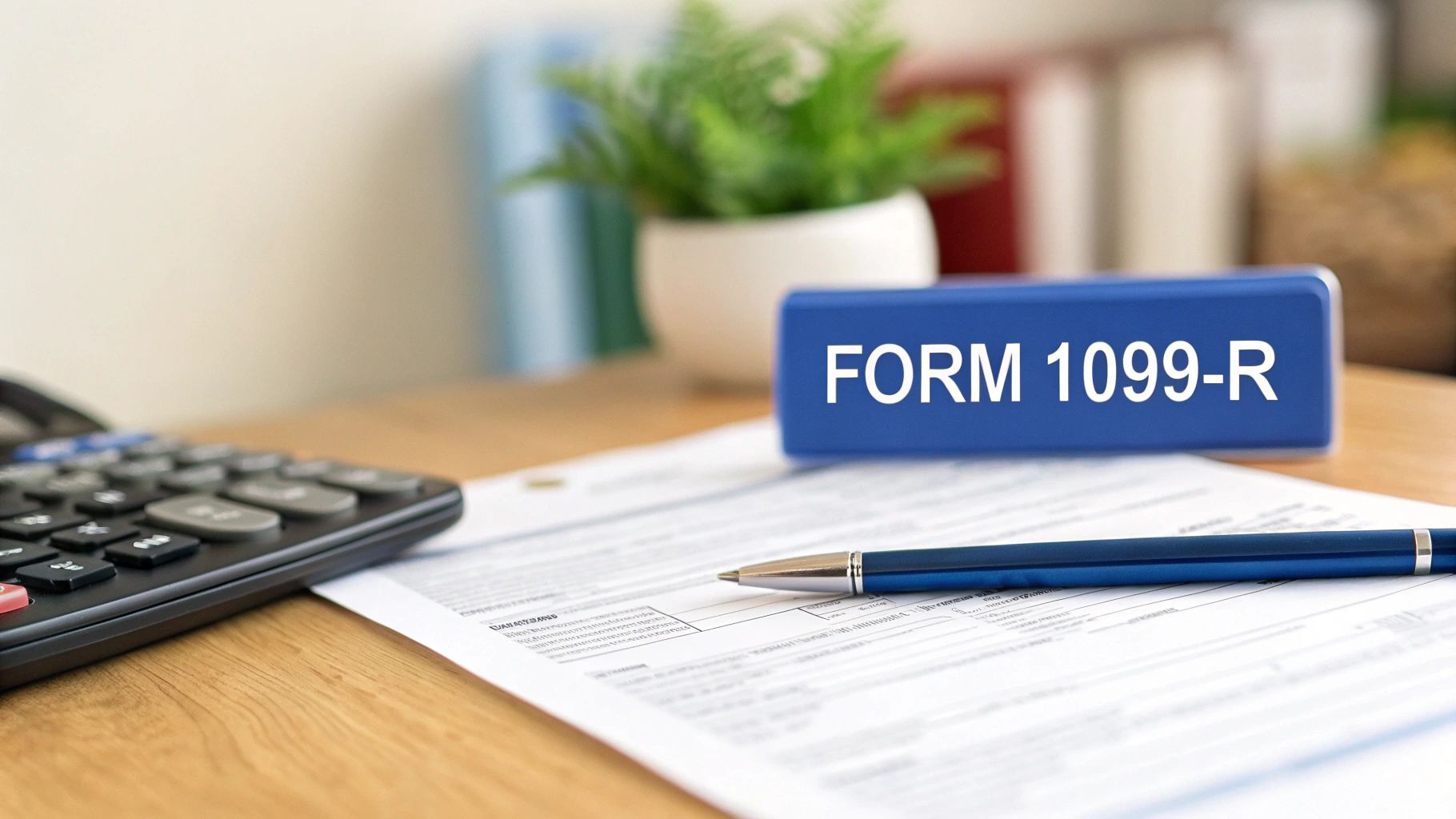 Tax preparation items, including Form 1099-R, a calculator, and a pen on a desk.