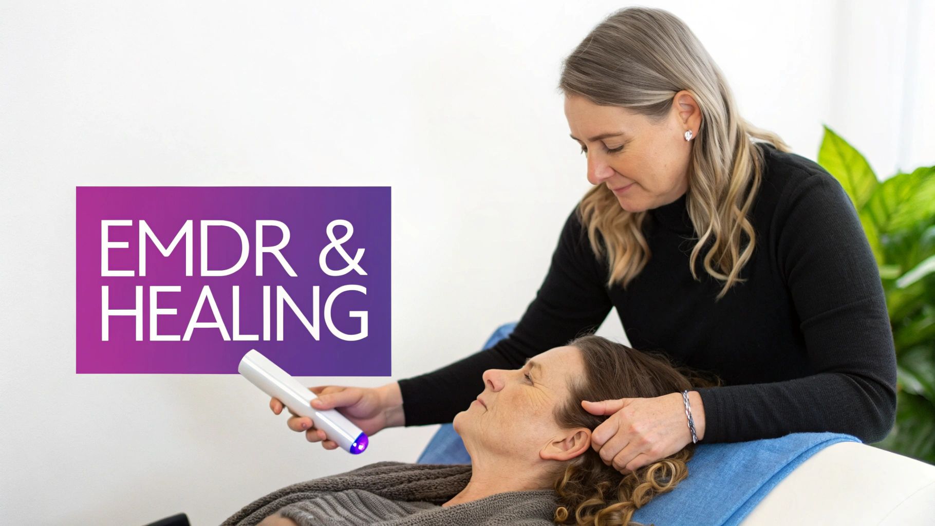A therapist performs EMDR and healing techniques on a client lying down, with text 'EMDR & HEALING'.
