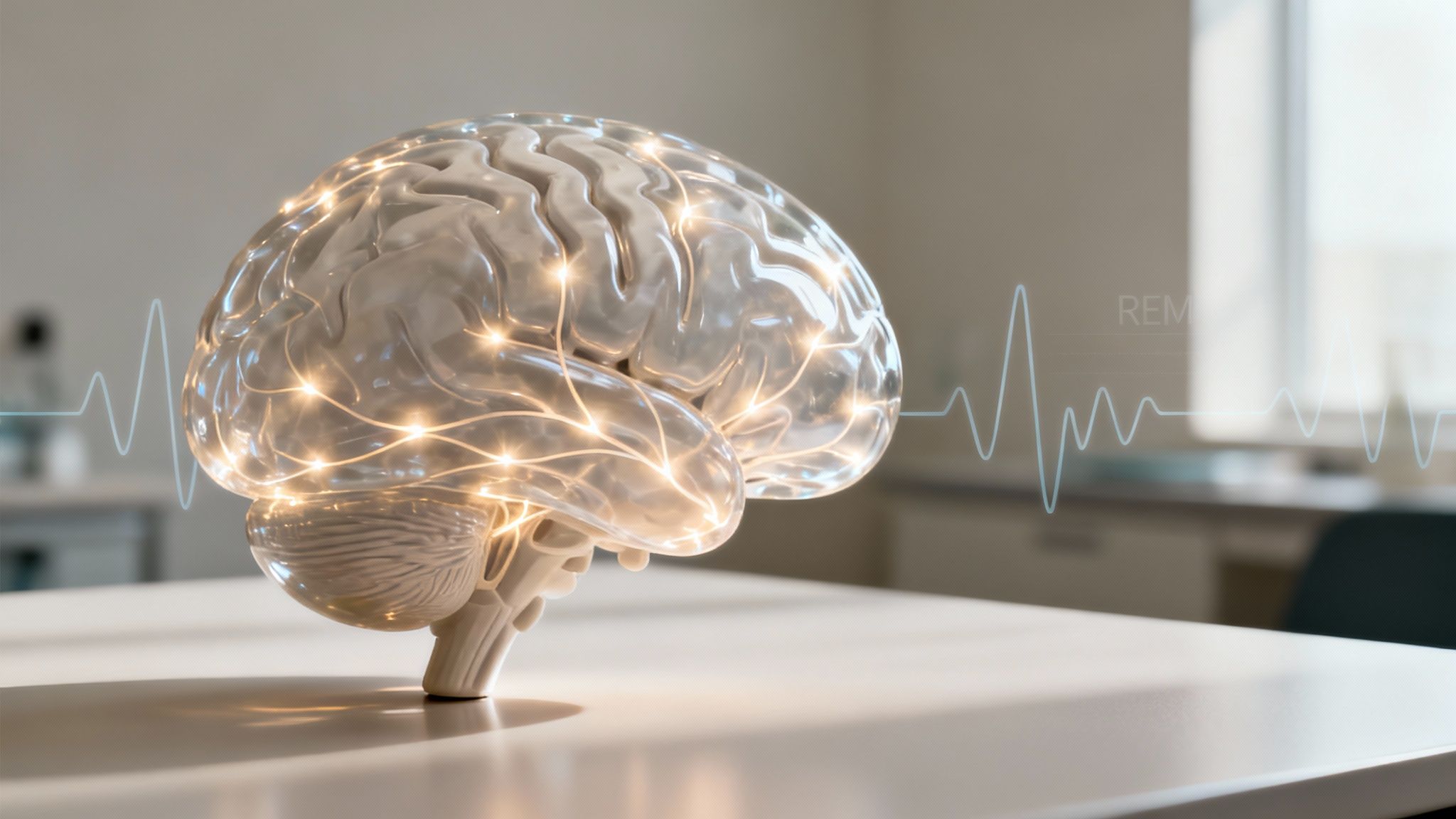 Transparent human brain model with glowing neural connections, showing REM brainwave activity on a table.