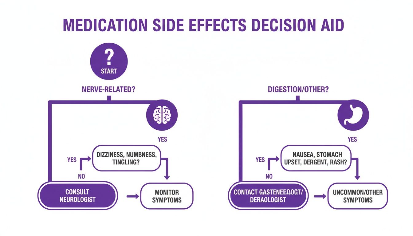 Flowchart outlining a medication side effects decision aid for nerve-related and digestion/other symptoms.