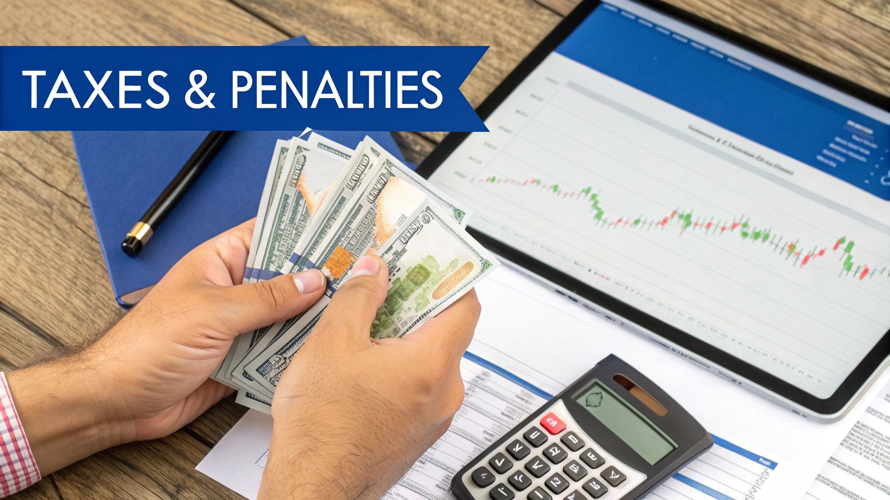 Hands holding money, calculator, and financial charts with a banner stating 'TAXES & PENALTIES'.
