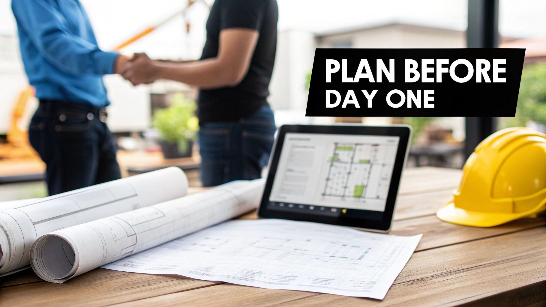Two construction professionals shaking hands over blueprints, a tablet, and a hard hat on a wooden table, emphasizing planning.