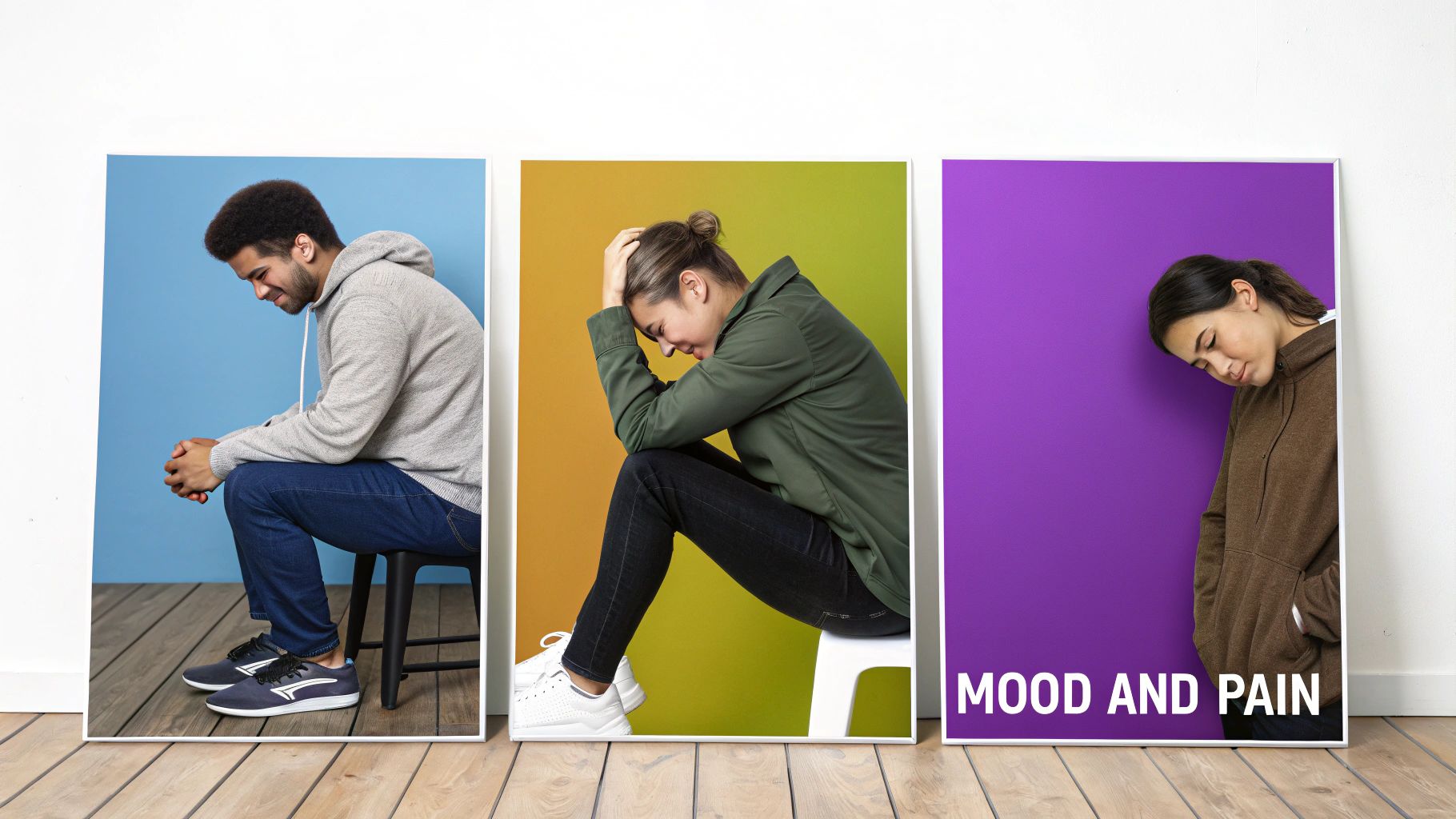 Three framed images show diverse individuals expressing sadness and distress, with "MOOD AND PAIN" text.