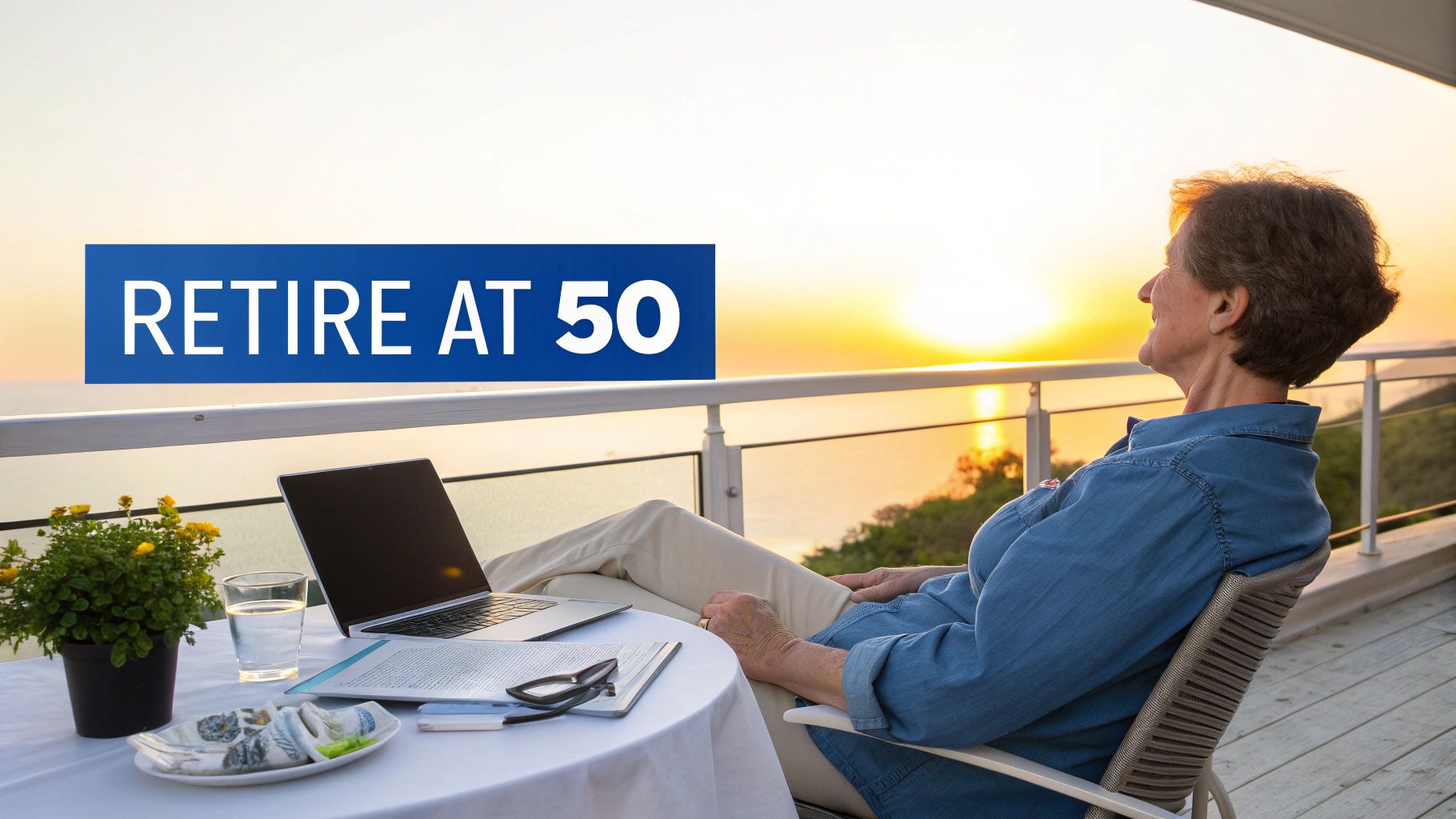 A senior woman relaxes on a balcony at sunset with a laptop and documents, next to a 'RETIRE AT 50' banner.