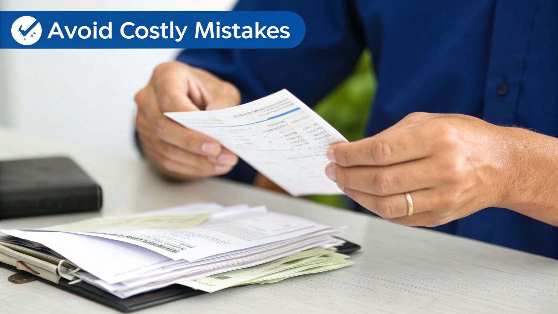 Person's hands holding and reviewing financial documents, with a stack of papers on a desk.