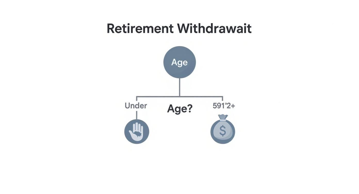 Flowchart illustrating retirement withdrawal rules based on age, showing restrictions for early withdrawals.