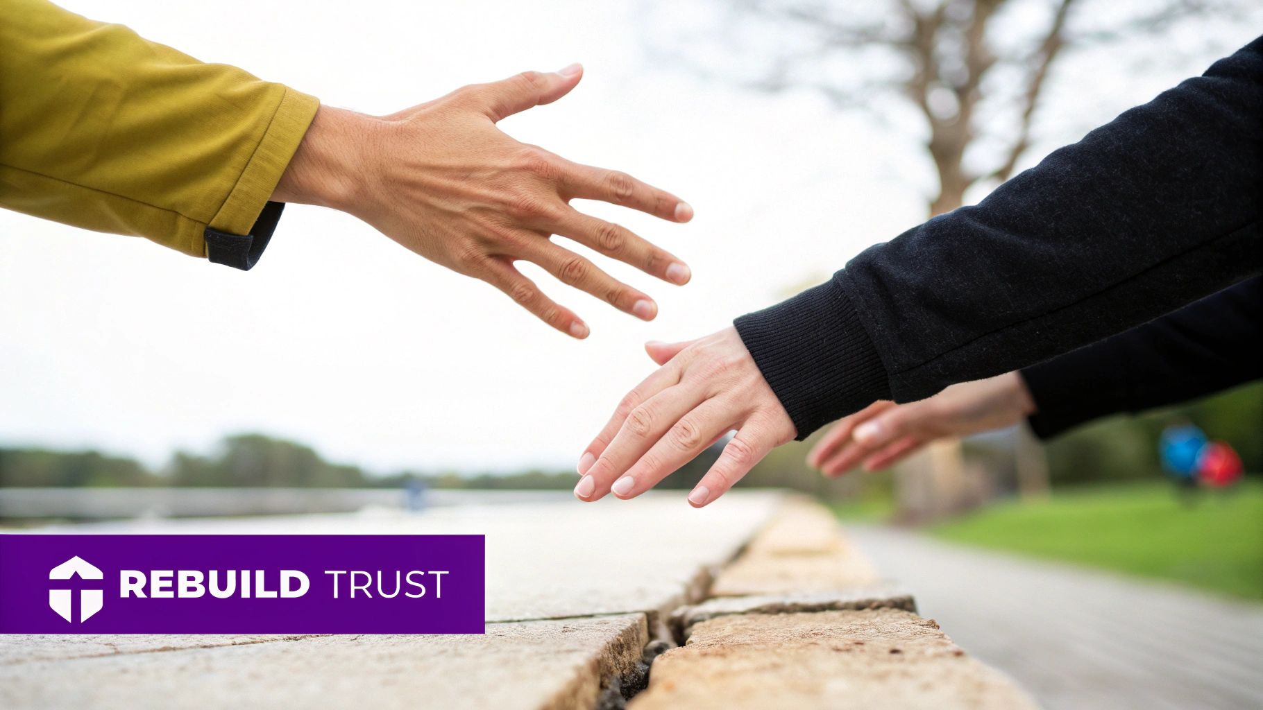 Two hands reach across a cracked wall, symbolizing rebuilding trust and connection.