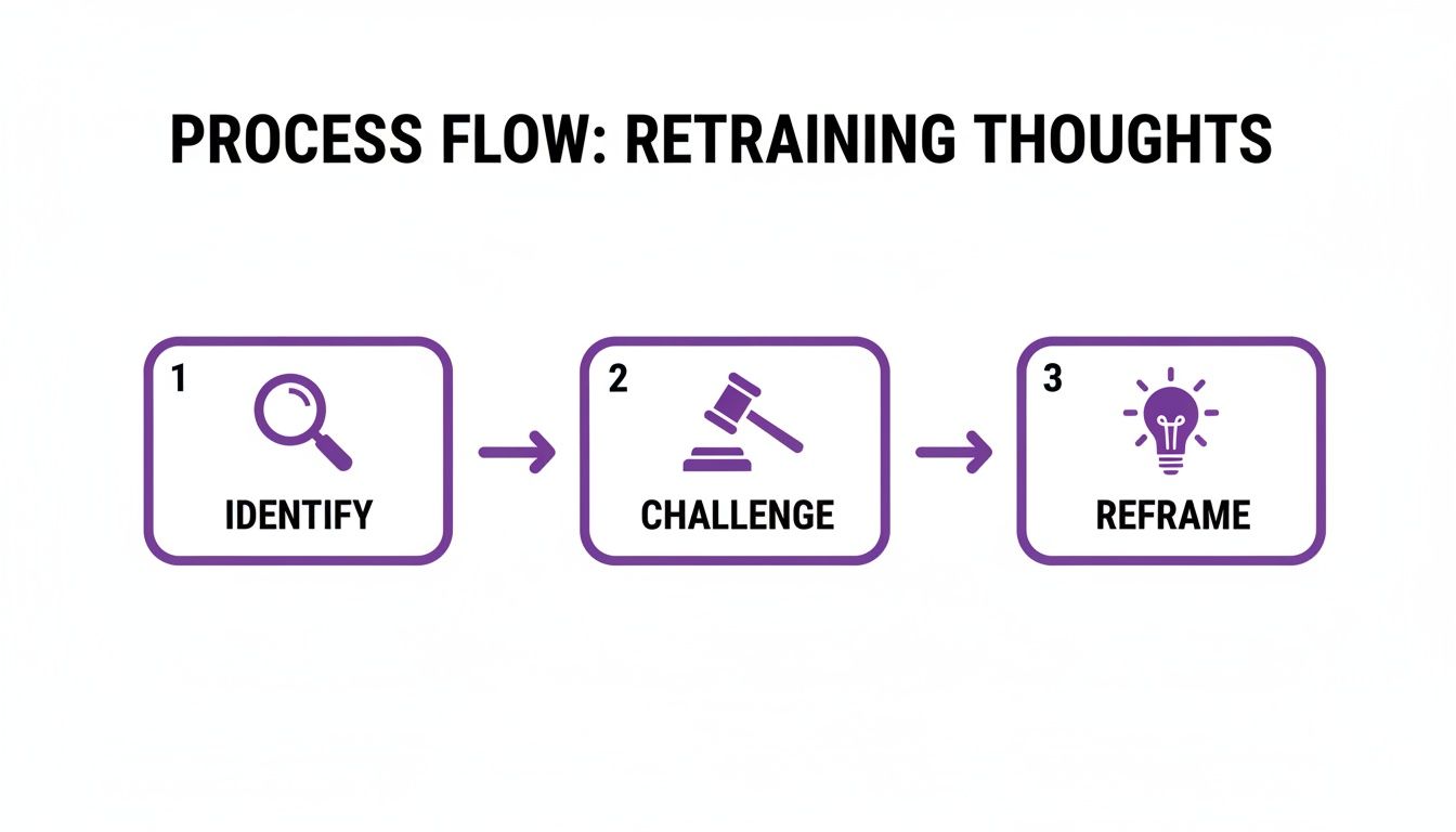 A three-step process flow for retraining thoughts: Identify, Challenge, Reframe, with icons.