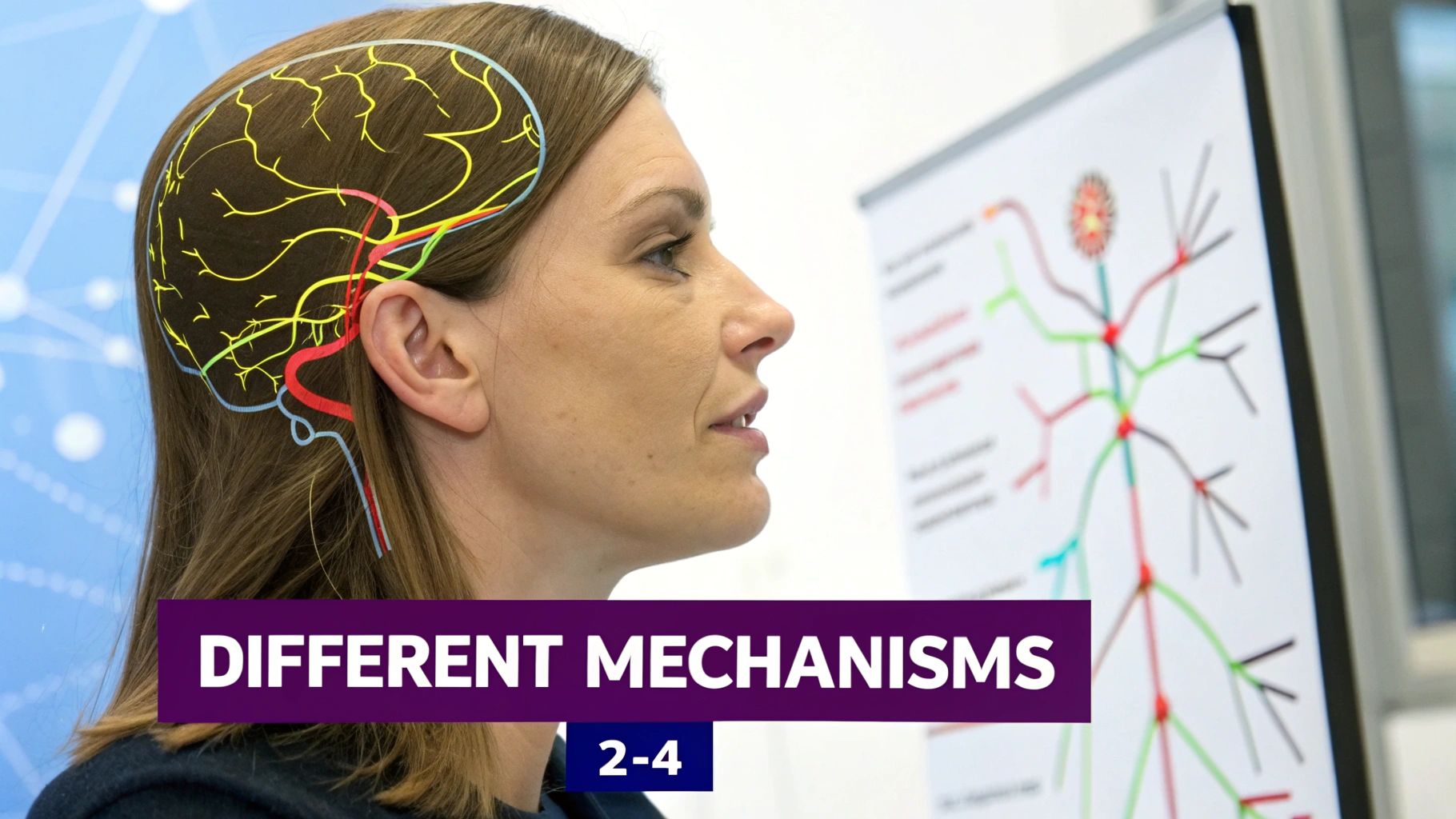 Profile of a woman with a transparent brain and nerves overlay, studying a medical chart.