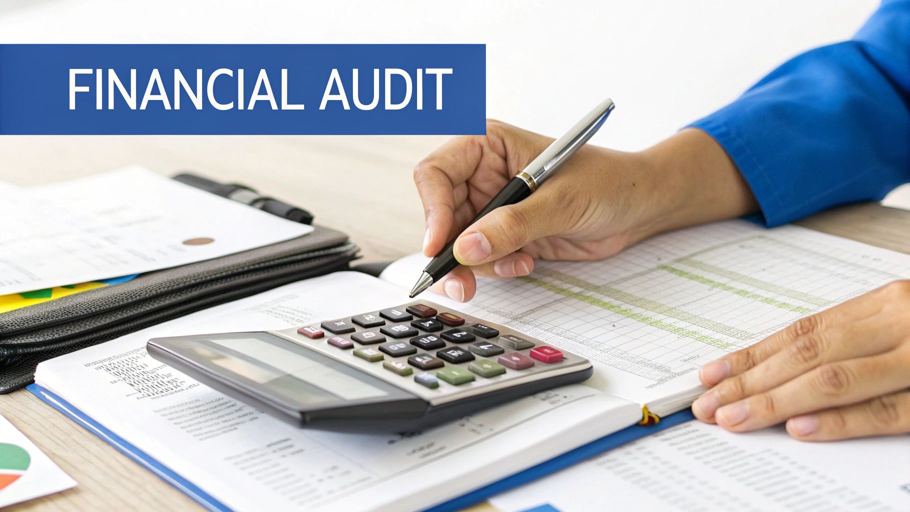 A person's hands with a pen and calculator on a desk with financial documents and a 'FINANCIAL AUDIT' banner.