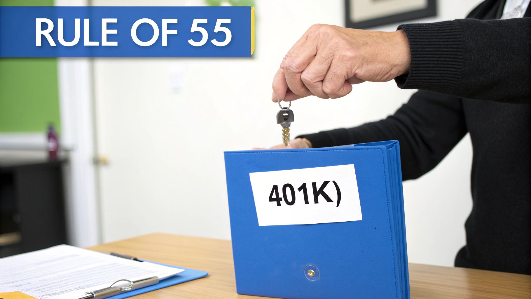 A professional reviews a financial document at a desk.