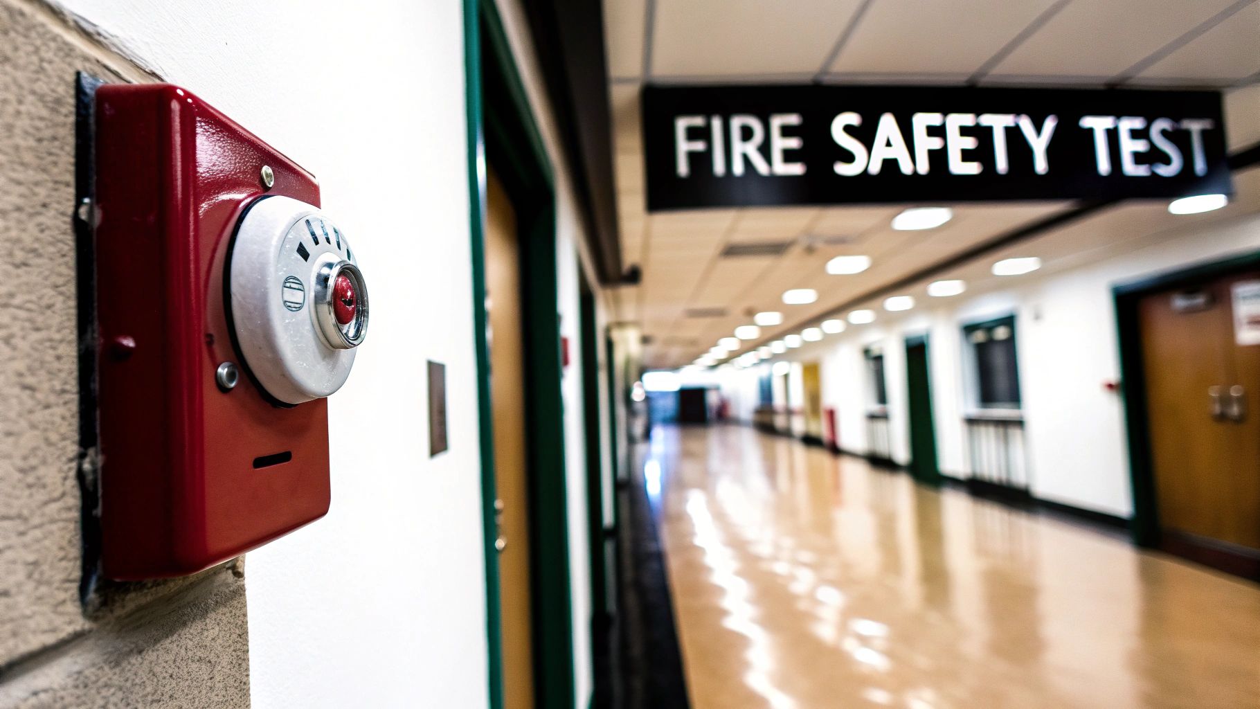 A red fire alarm on a wall in a brightly lit hallway with a 'FIRE SAFETY TEST' sign.