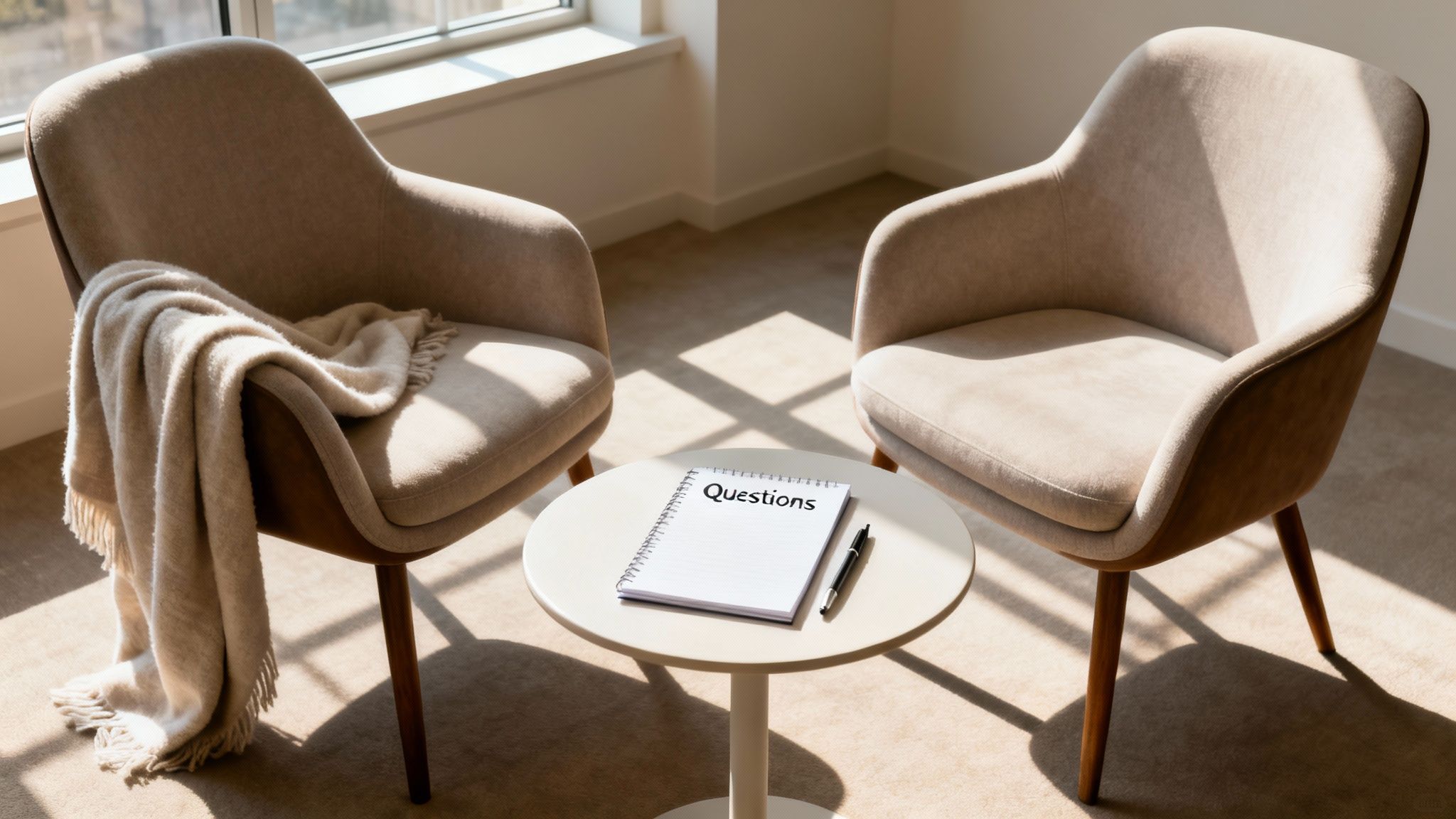Comfortable beige armchairs with a blanket and a notebook on a table, ready for a conversation.