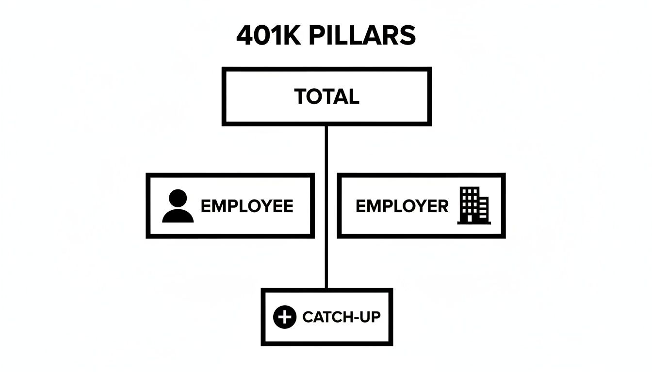 Flowchart illustrating 401K pillars: total contributions broken down by employee, employer, and catch-up.