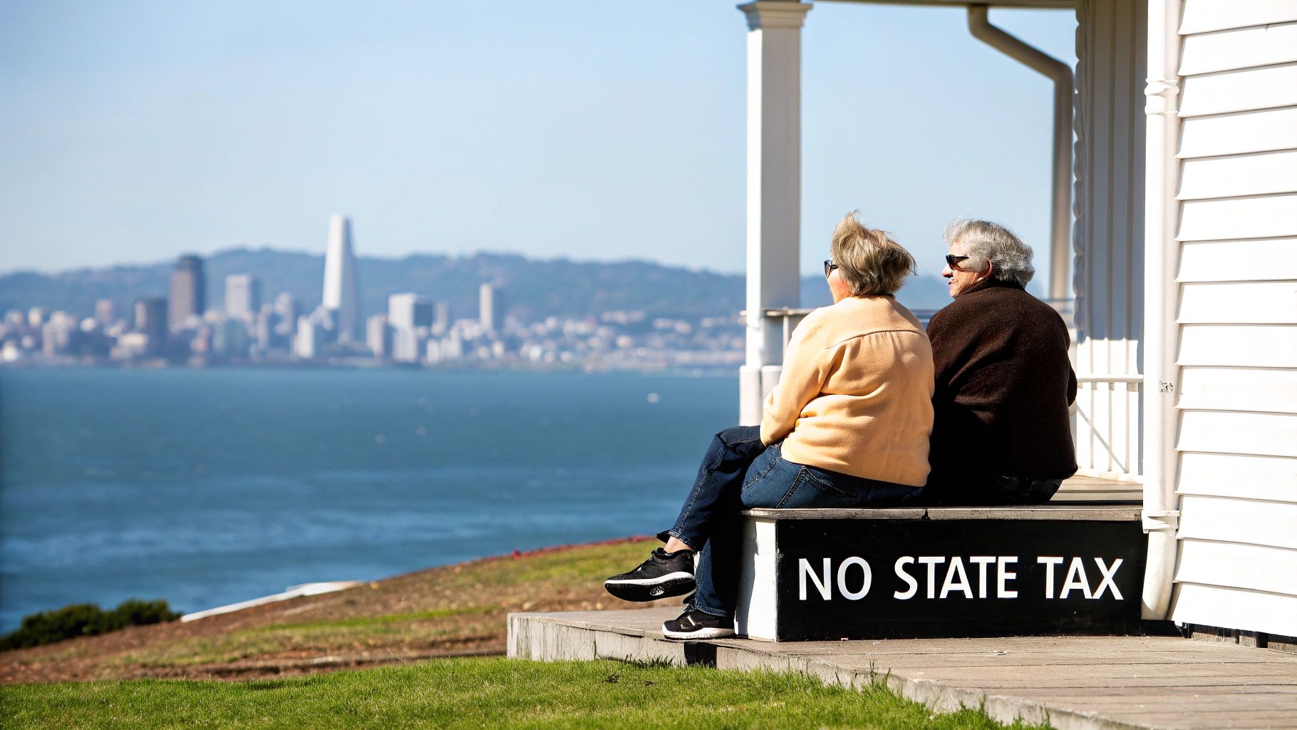 Two women enjoying a sunny view of a city from a porch with a "NO STATE TAX" sign.
