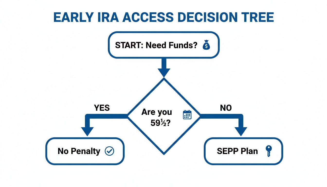 Early IRA access decision tree flowchart explaining options based on age and need for funds.