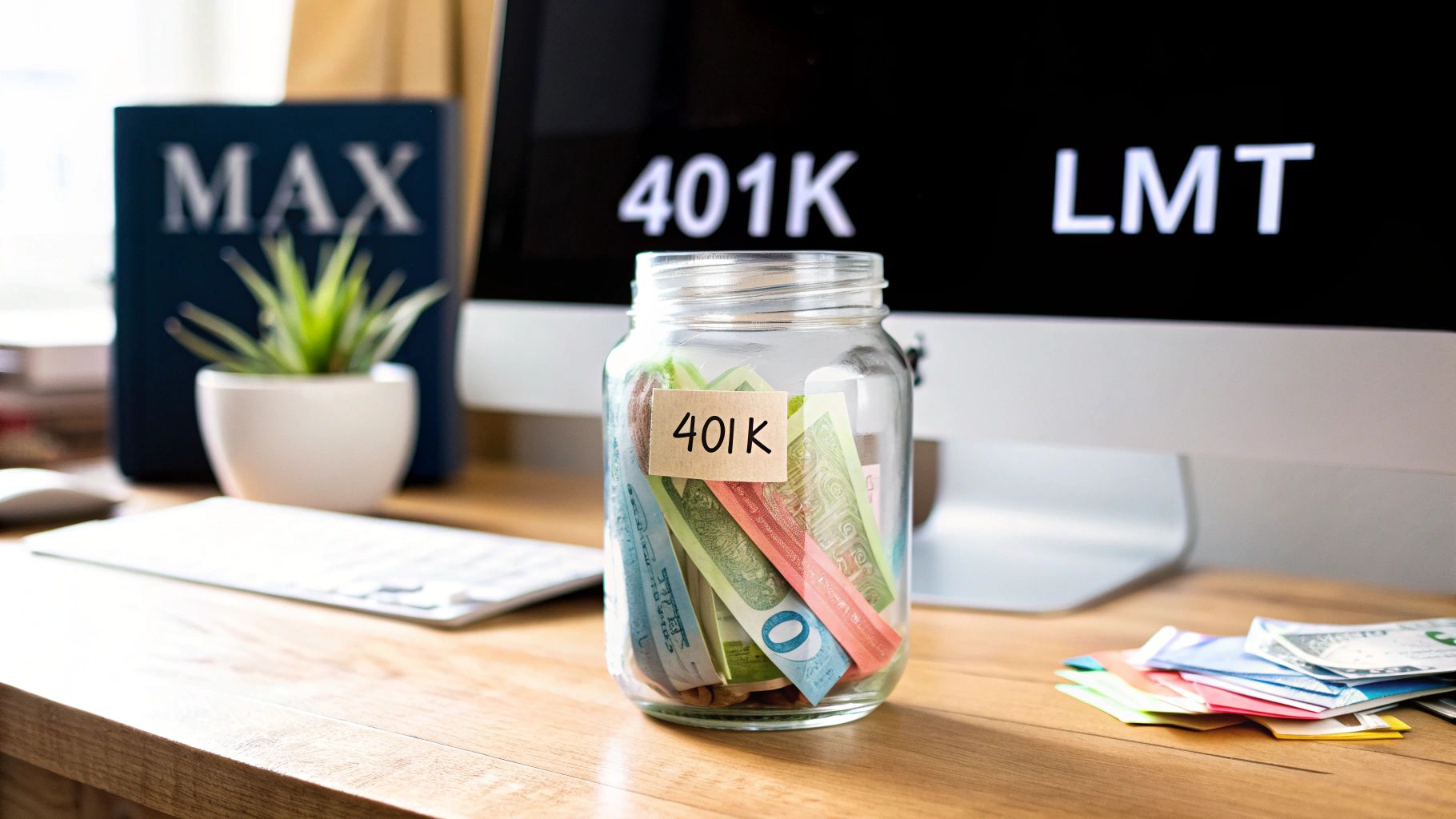 A desk with a computer monitor showing '401K LMT' and a jar labeled '401K' filled with money.