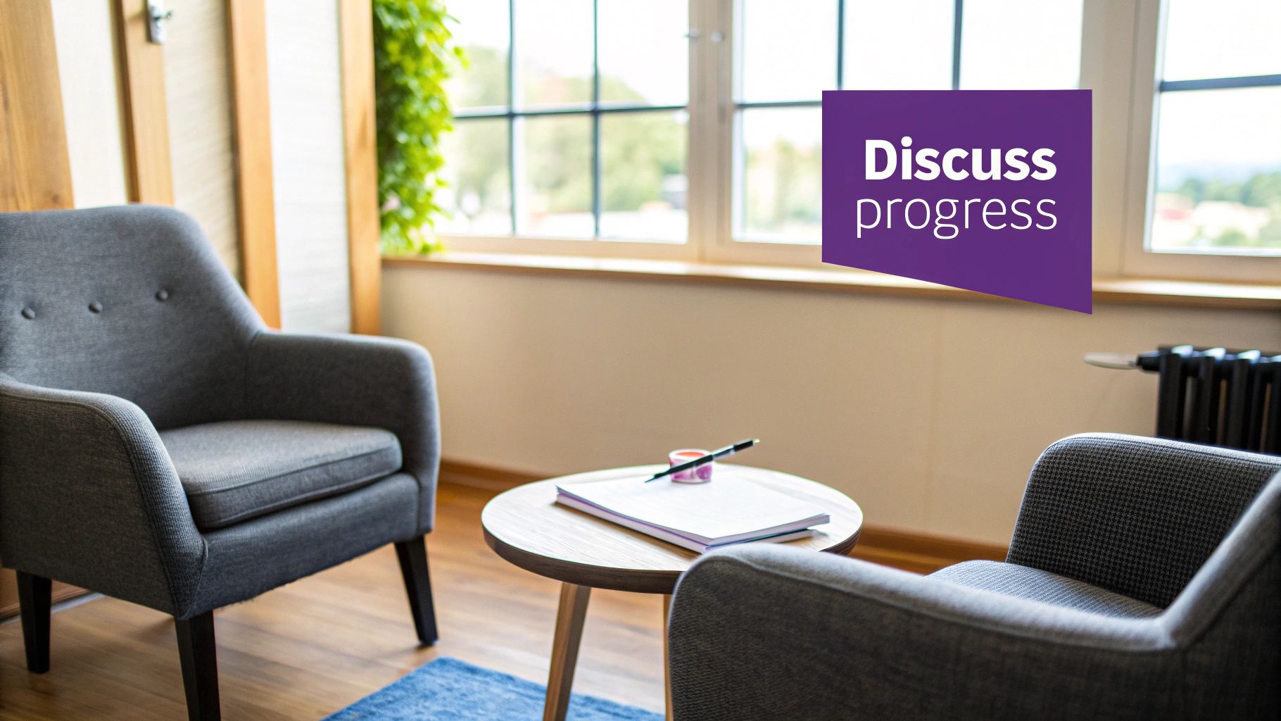 A comfortable therapy room with two grey armchairs, a table, and a 'Discuss progress' sign.