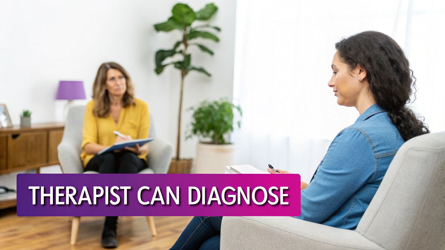 A therapist takes notes while a client listens attentively during a therapy session.