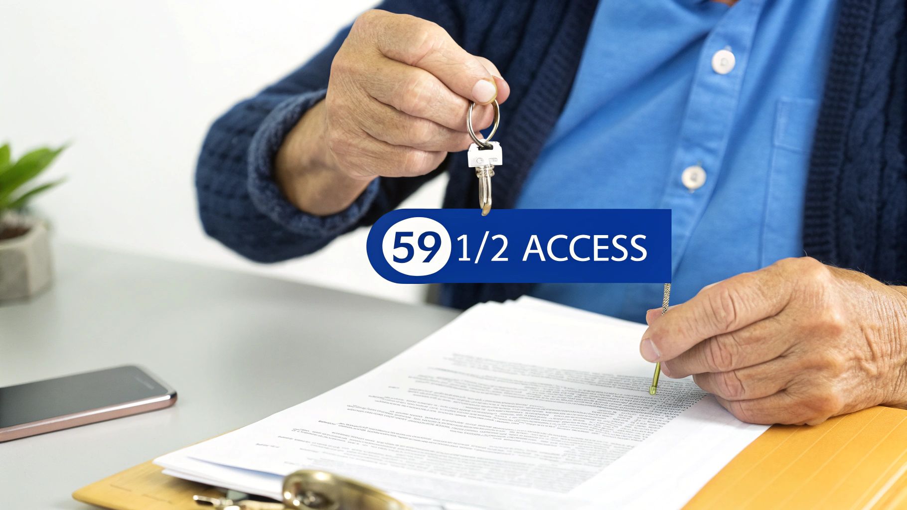 An older person holds a key above financial documents, with '59 1/2 ACCESS' superimposed.