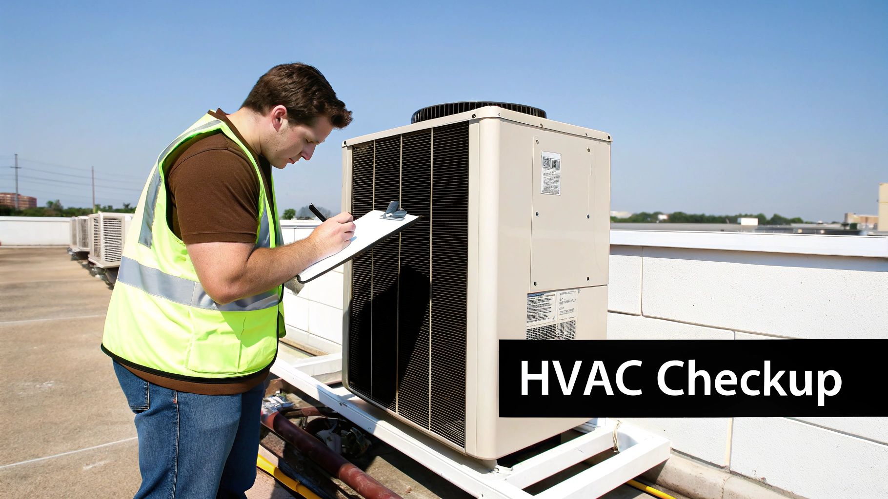 A technician in a safety vest inspects a rooftop HVAC unit, writing notes on a clipboard.
