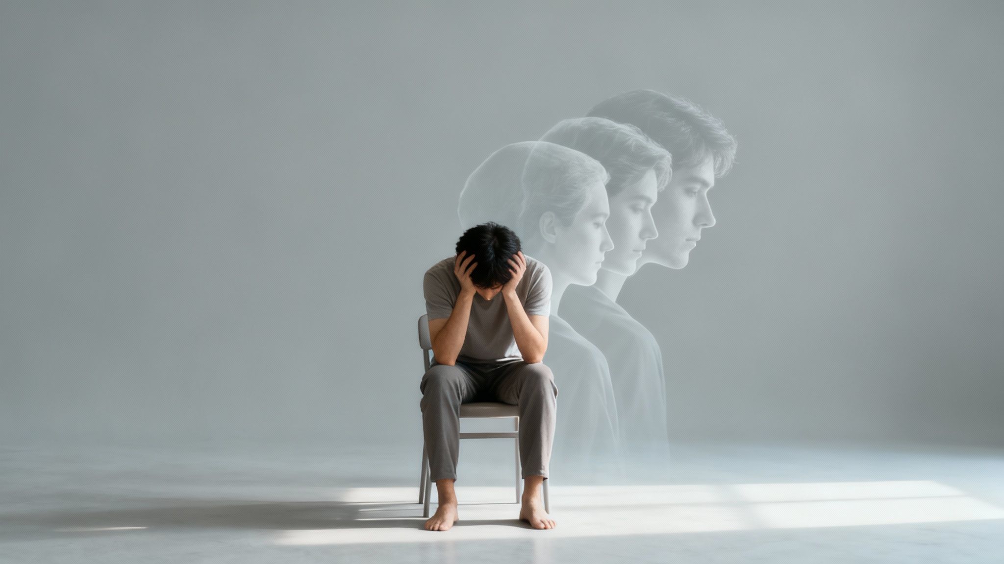 A distressed man sits, head in hands, with translucent figures behind him, symbolizing mental struggle.