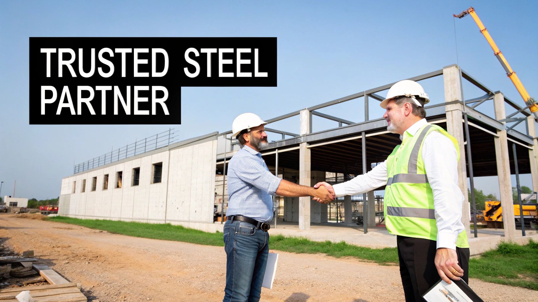 Two construction managers in hard hats shake hands at a steel building construction site.