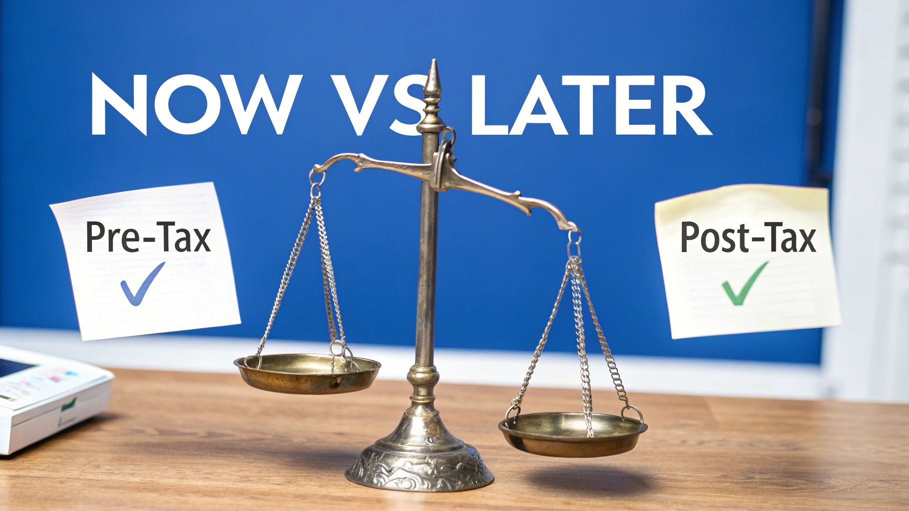 A scale comparing pre-tax and post-tax options, with "NOW VS LATER" text for financial planning.