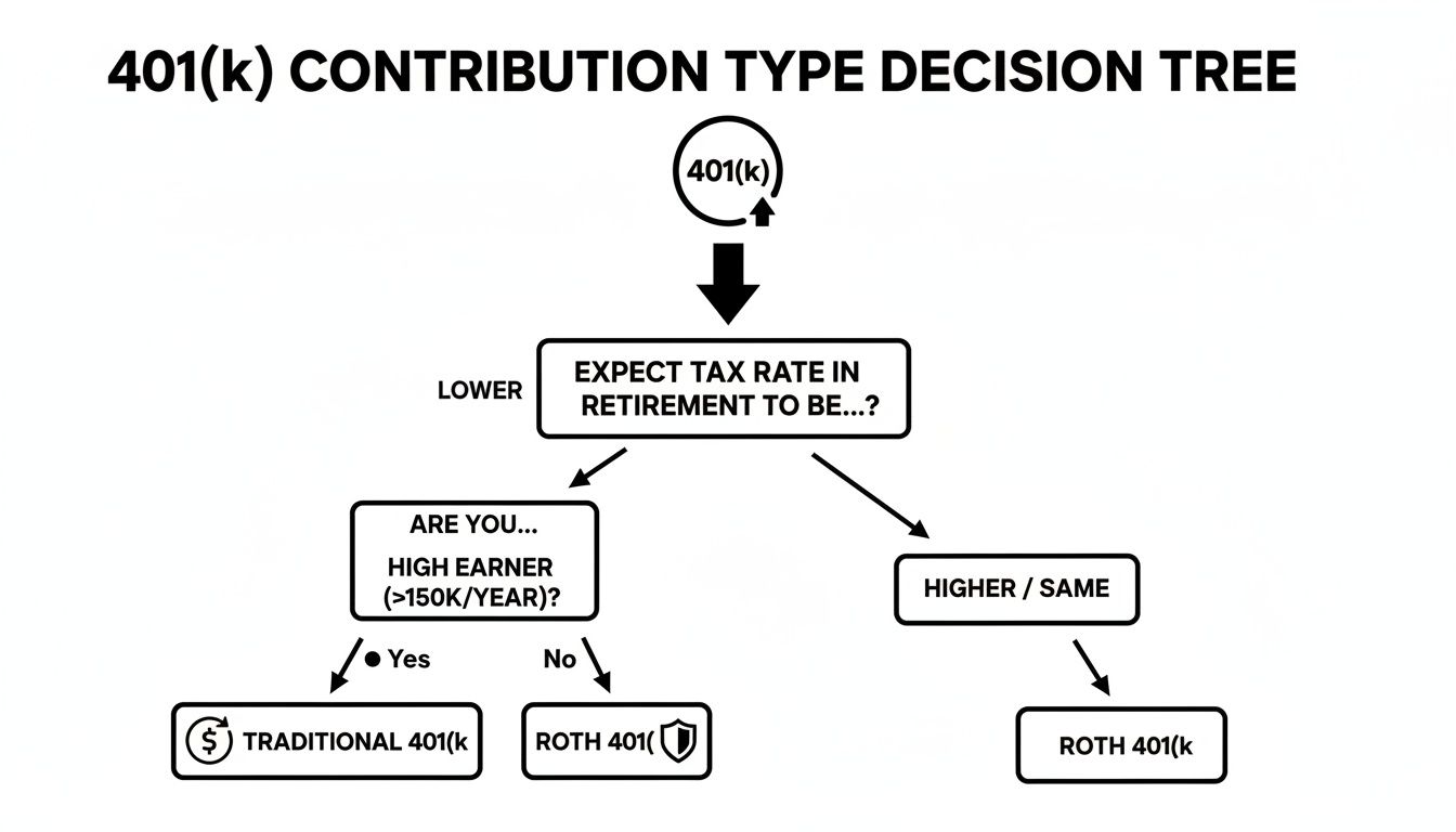 A 401(k) contribution type decision tree helps determine between Traditional and Roth options based on tax rates.