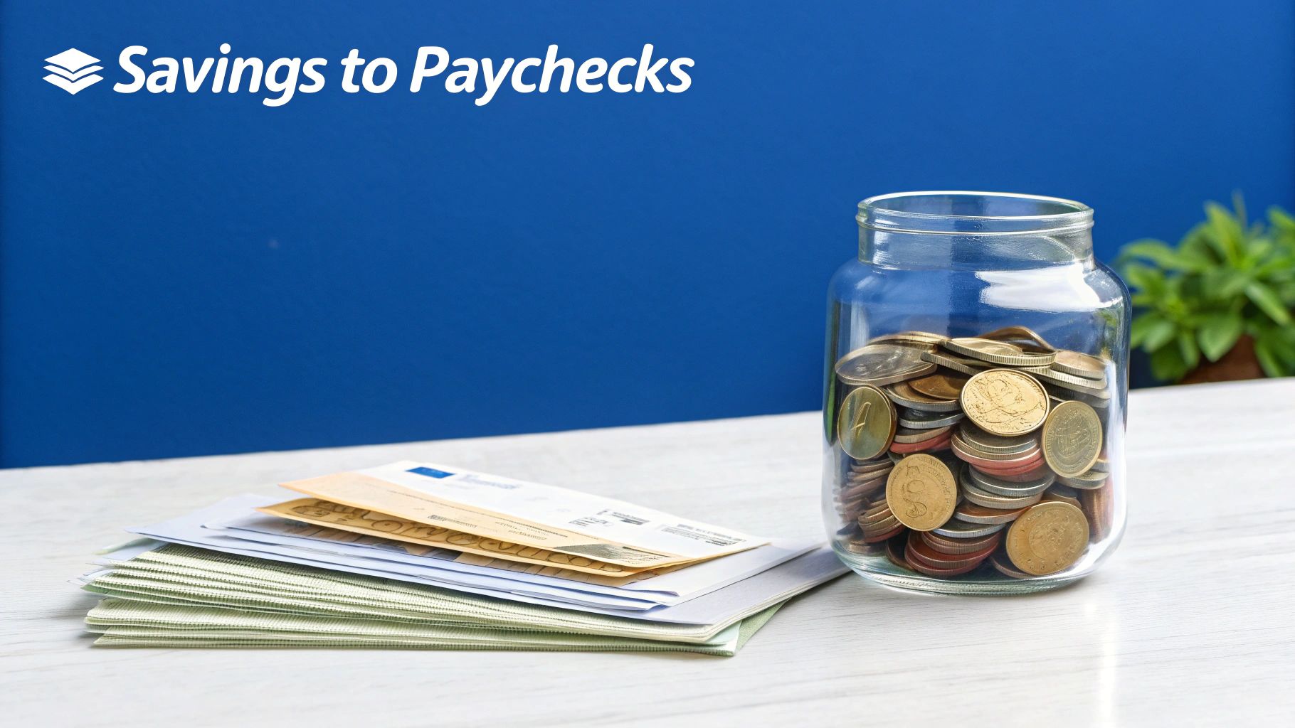 A glass jar filled with coins next to a stack of envelopes on a table, with 'Savings to Paychecks' text.
