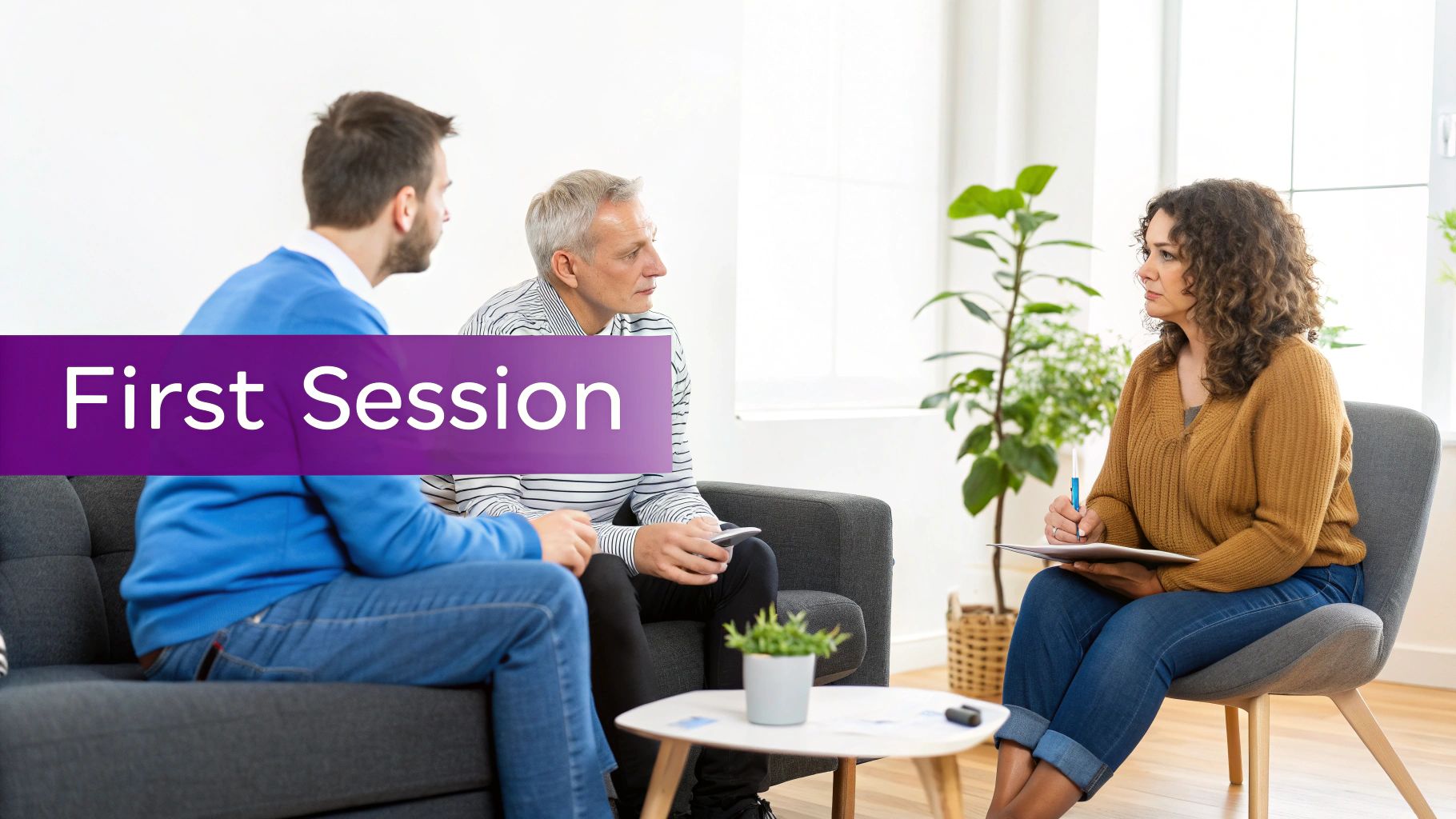 A female therapist takes notes while two men listen intently during a counseling session.