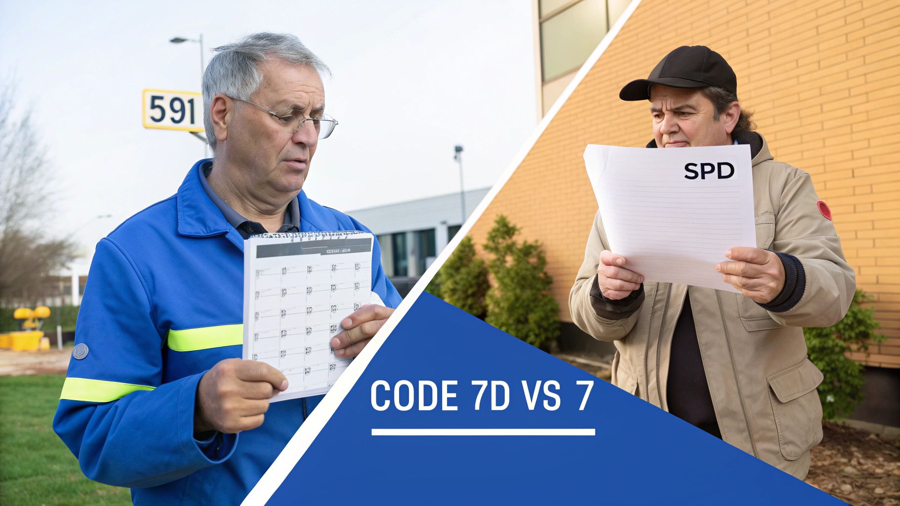 Man in blue uniform with calendar and man with 'SPD' paper, illustrating Code 7D vs 7.