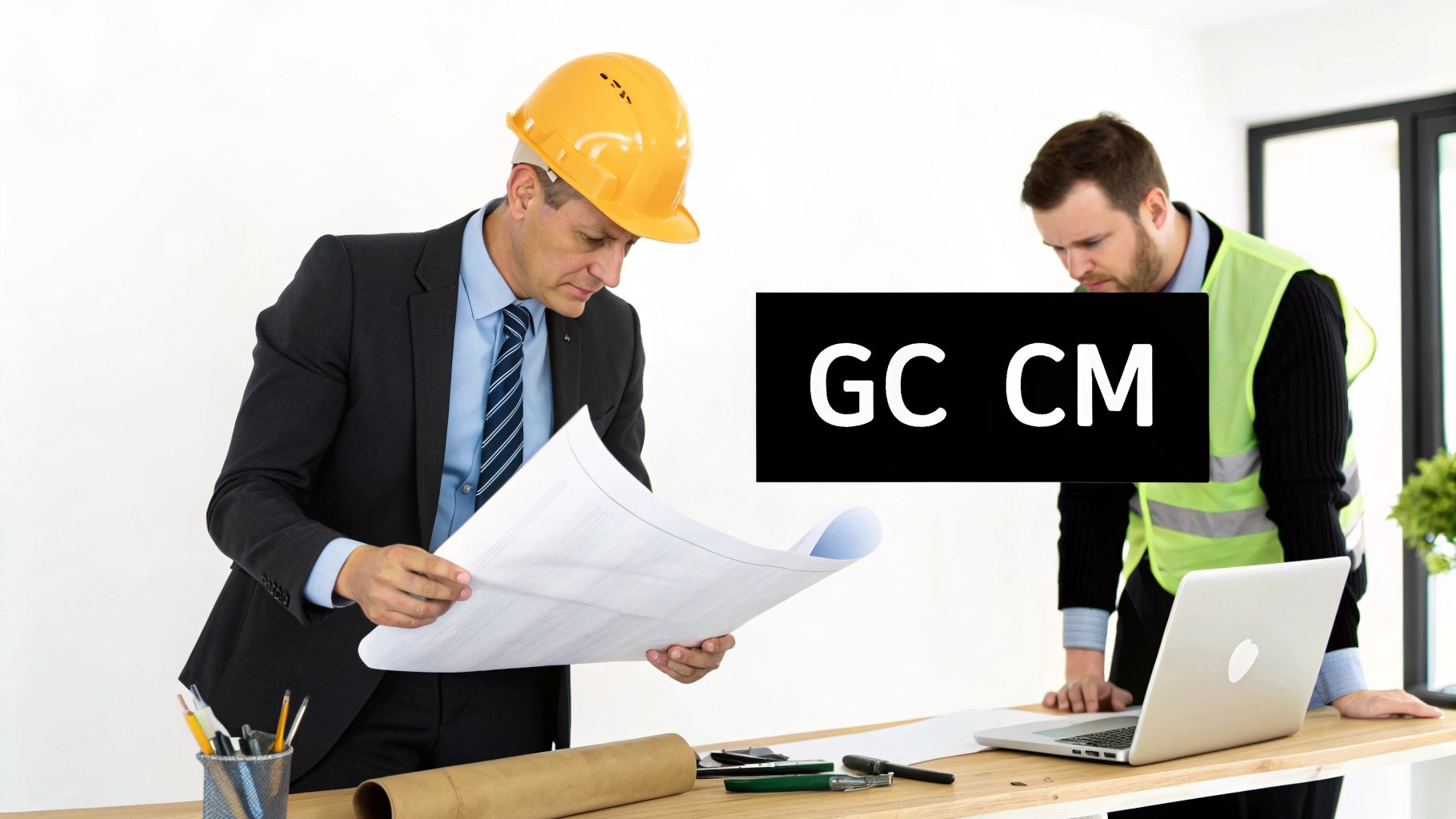 Two construction professionals, one in a hard hat and suit, reviewing plans and a laptop.