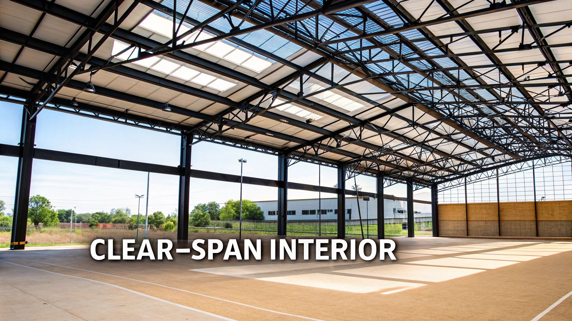 An indoor, clear-span court with a steel truss roof, translucent panels, and an open design.