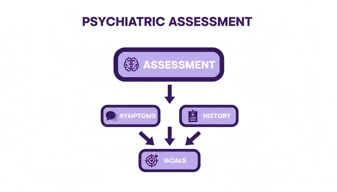 Flowchart illustrating the psychiatric assessment process, detailing steps from assessment to symptoms, history, and goals.