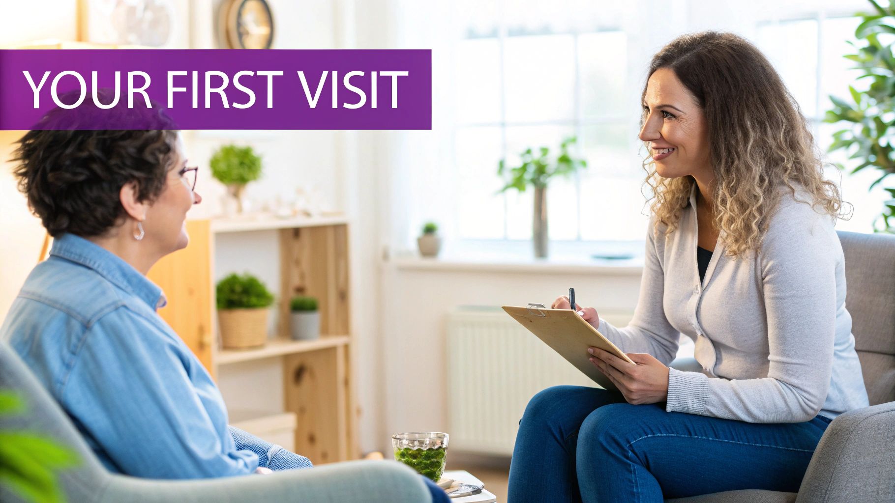 A smiling therapist takes notes while talking to a client during their first visit.