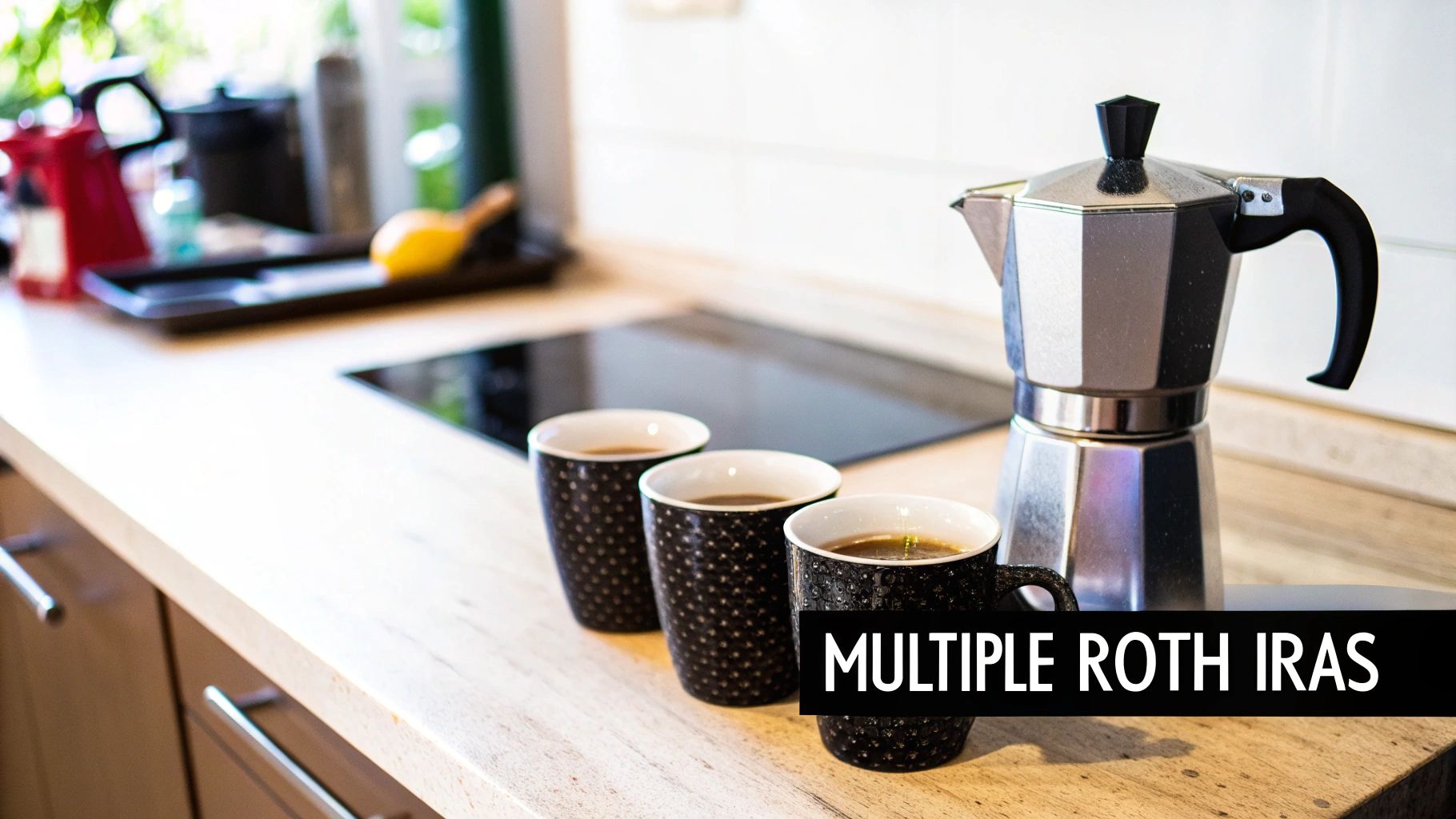 A silver moka pot and three dark coffee cups on a modern kitchen counter with a blurred background.