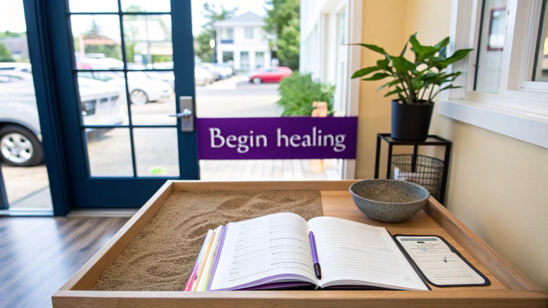 A therapeutic sand tray with an open journal, pen, and a 'Begin healing' sign near a glass door.