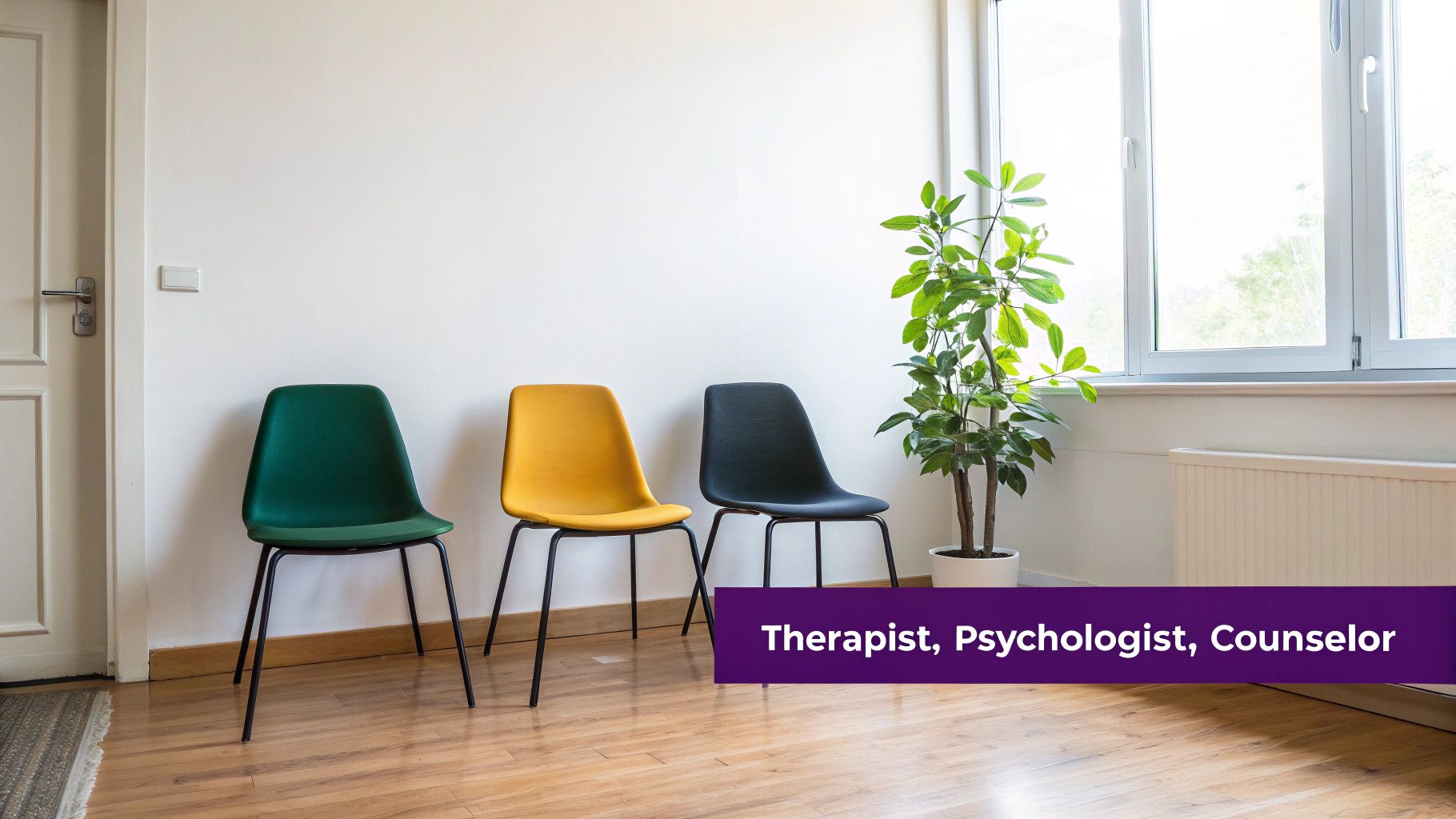 A bright, inviting waiting room featuring three colorful chairs, a green plant, and a large window.