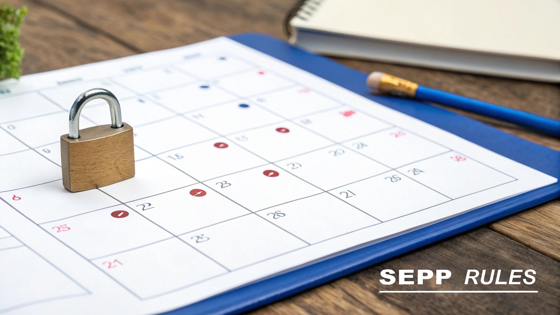 A padlock rests on a calendar page, symbolizing restricted dates and financial rules, with 'SEPP RULES' text.
