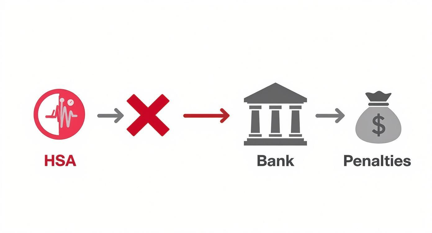 Diagram showing an HSA icon, followed by a red 'X', then a bank icon, leading to a money bag icon labeled 'Penalties'.