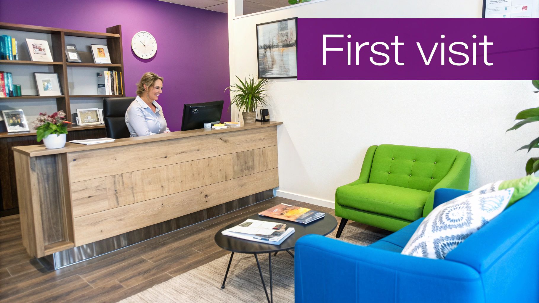 A friendly receptionist smiles at a wooden desk in a vibrant office waiting area with colorful chairs.