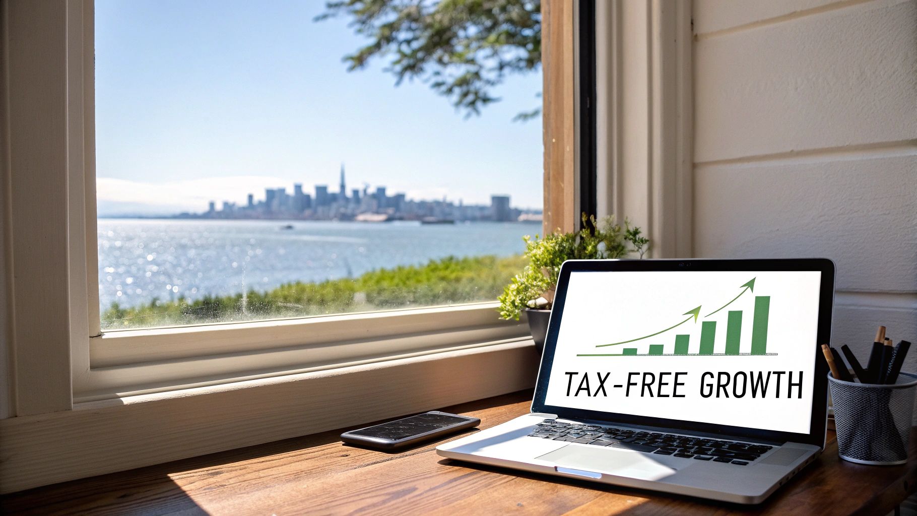 A laptop displaying 'TAX-FREE GROWTH' with a rising bar chart, on a desk by a window overlooking a city skyline.