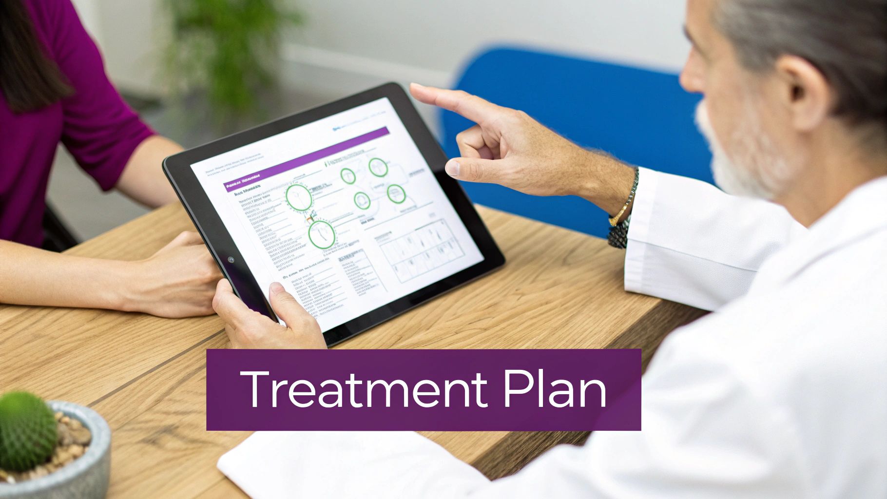A doctor and patient review a digital treatment plan on a tablet, discussing medical details.