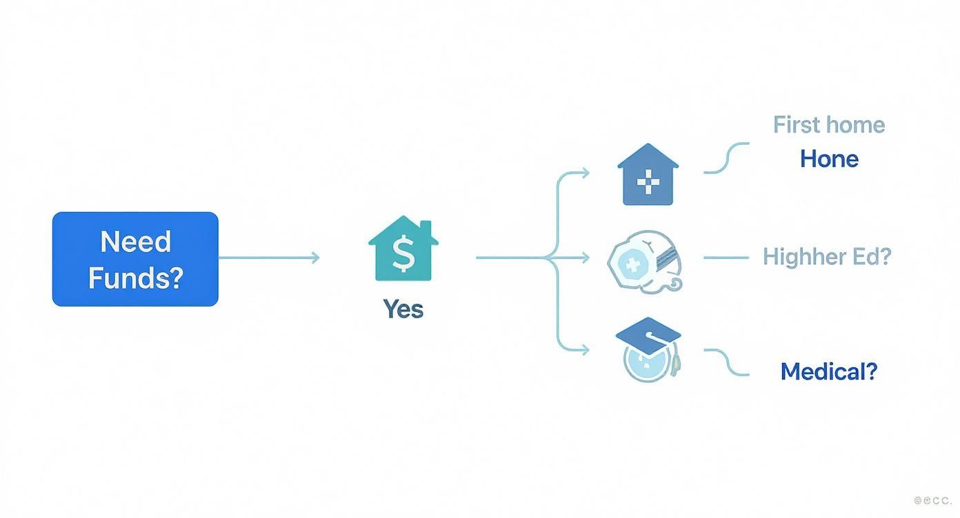 Flowchart showing reasons for needing funds: first home, higher education, and medical expenses.
