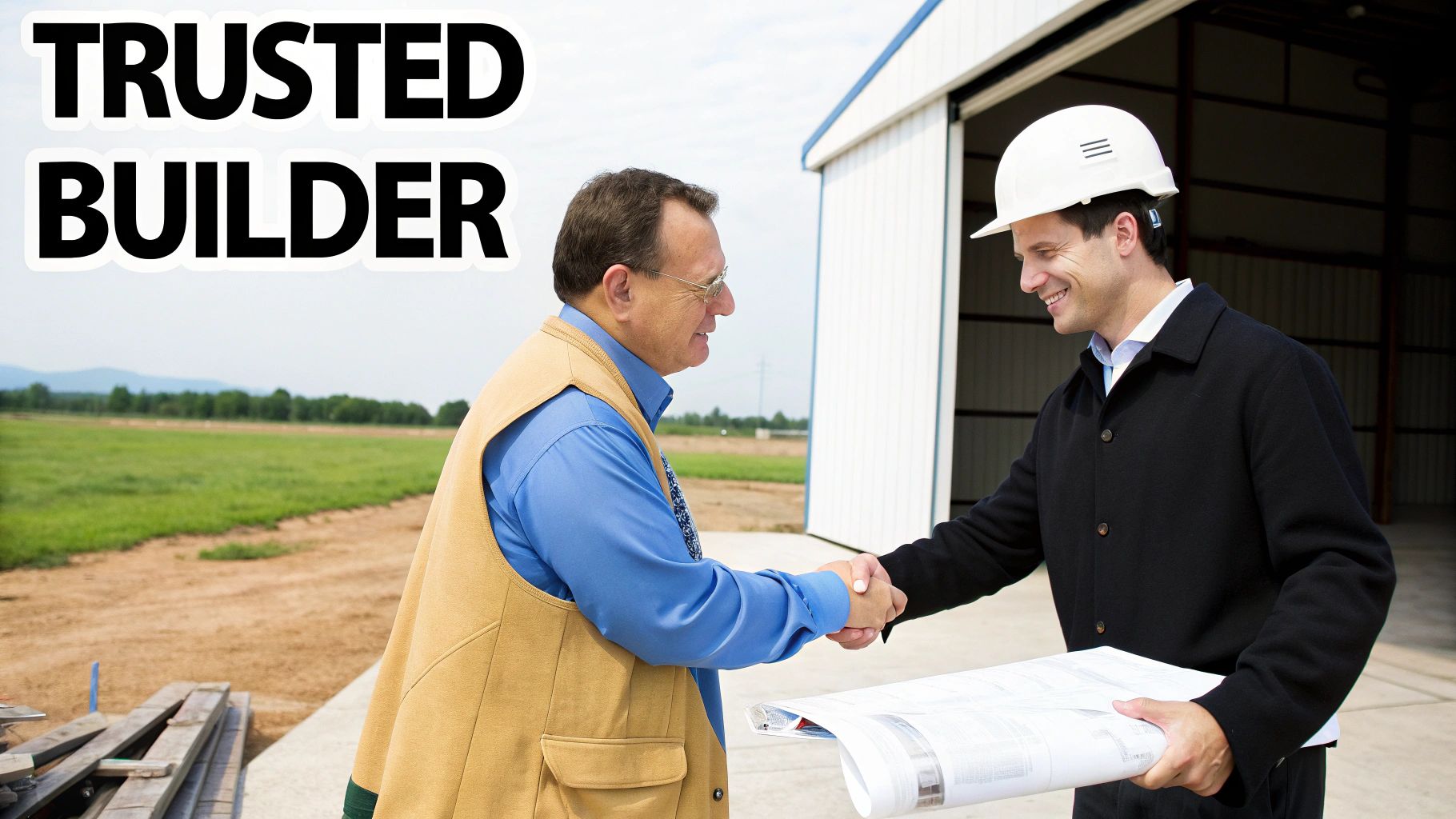 A trusted builder in a hard hat shakes hands with a client on a construction site.