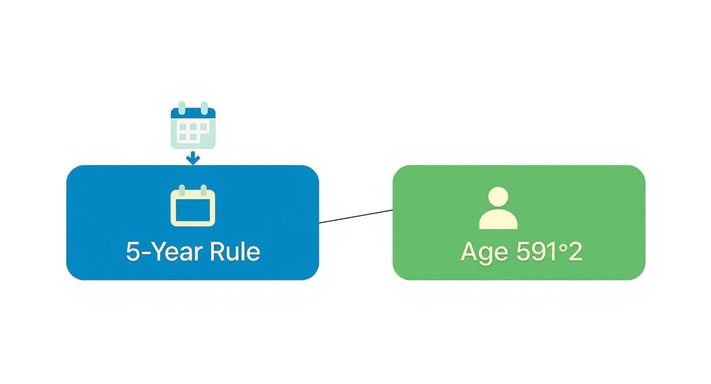 Diagram illustrating a 5-Year Rule with calendar icons, connected to 'Age 591°2' with a person icon.