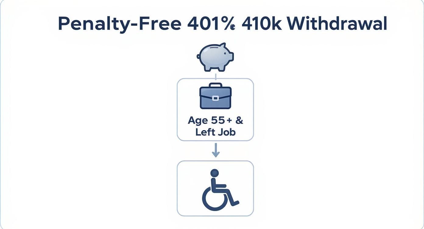 Diagram illustrating penalty-free 401k withdrawal requirements like age 55+, leaving job, or disability.