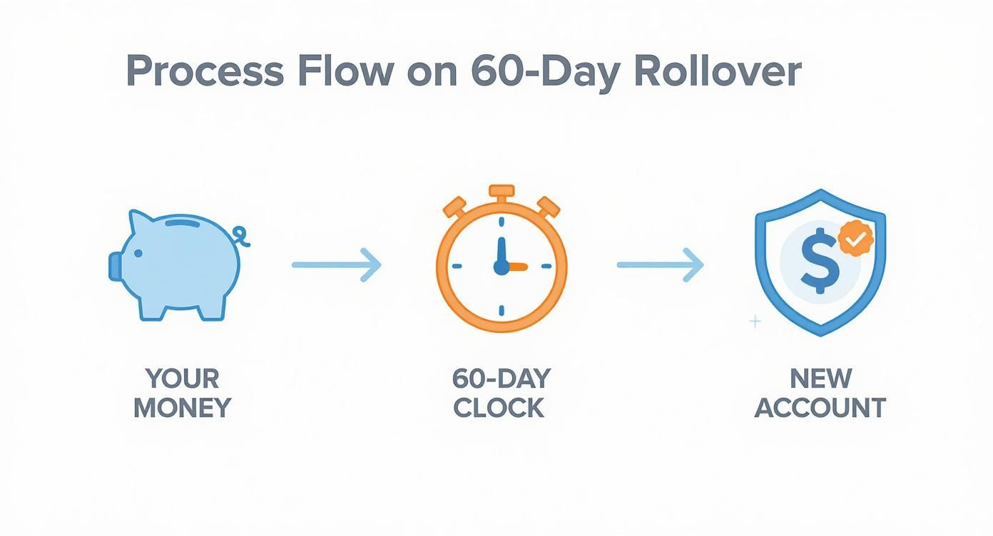 Process flow for a 60-day rollover, from 'Your Money' to a 'New Account' via a '60-Day Clock'.